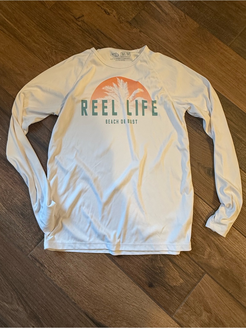 Champion White Long Sleeve Tee with Coral and Teal Reel Life Graphic